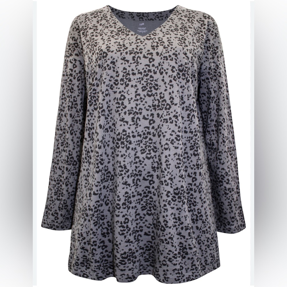 J.Jill CHARCOAL Supima Cotton Animal Print Long Sleeve V-Neck Tunic        Small